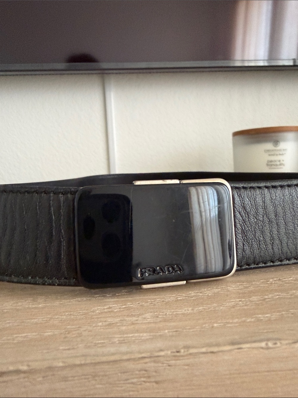 Prada Black Vintage Leather Waist Belt with Resin Black Buckle, 30/75